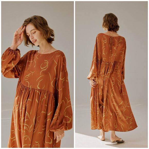 NAP Abstract Maxi Dress Empire Waist Long Sleeves Rust, Size L NWT - Picture 1 of 16